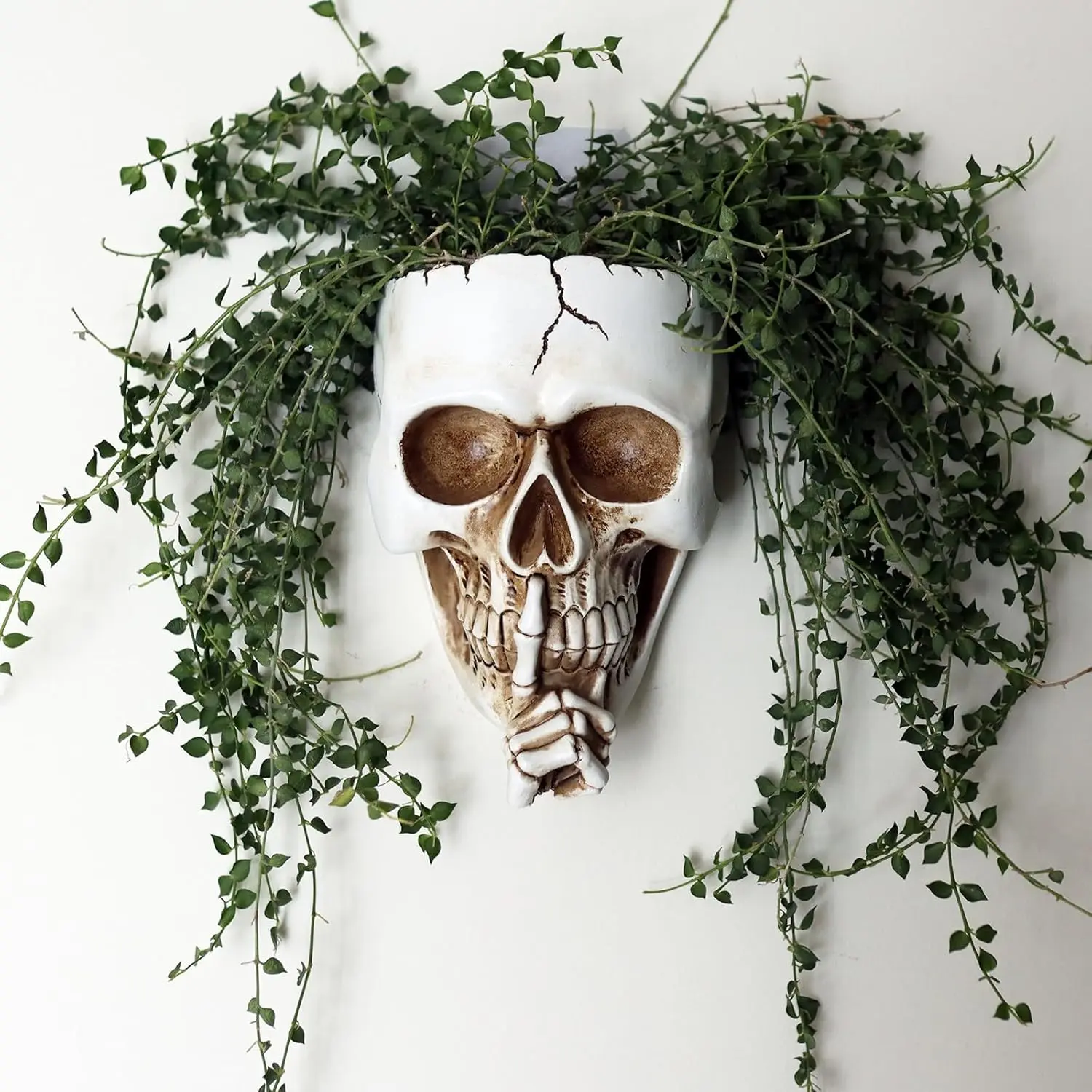 F-OMT09  Skull Wall Planter for Indoor Outdoor Plants, Hanging Skull Vase Unique Face Flower Pot Head Planters, White Resin Skeleton Gothic Planter for Home Decorations