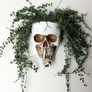 F-OMT09  Skull Wall Planter for Indoor Outdoor Plants, Hanging Skull Vase Unique Face Flower Pot Head Planters, White Resin Skeleton Gothic Planter for Home Decorations