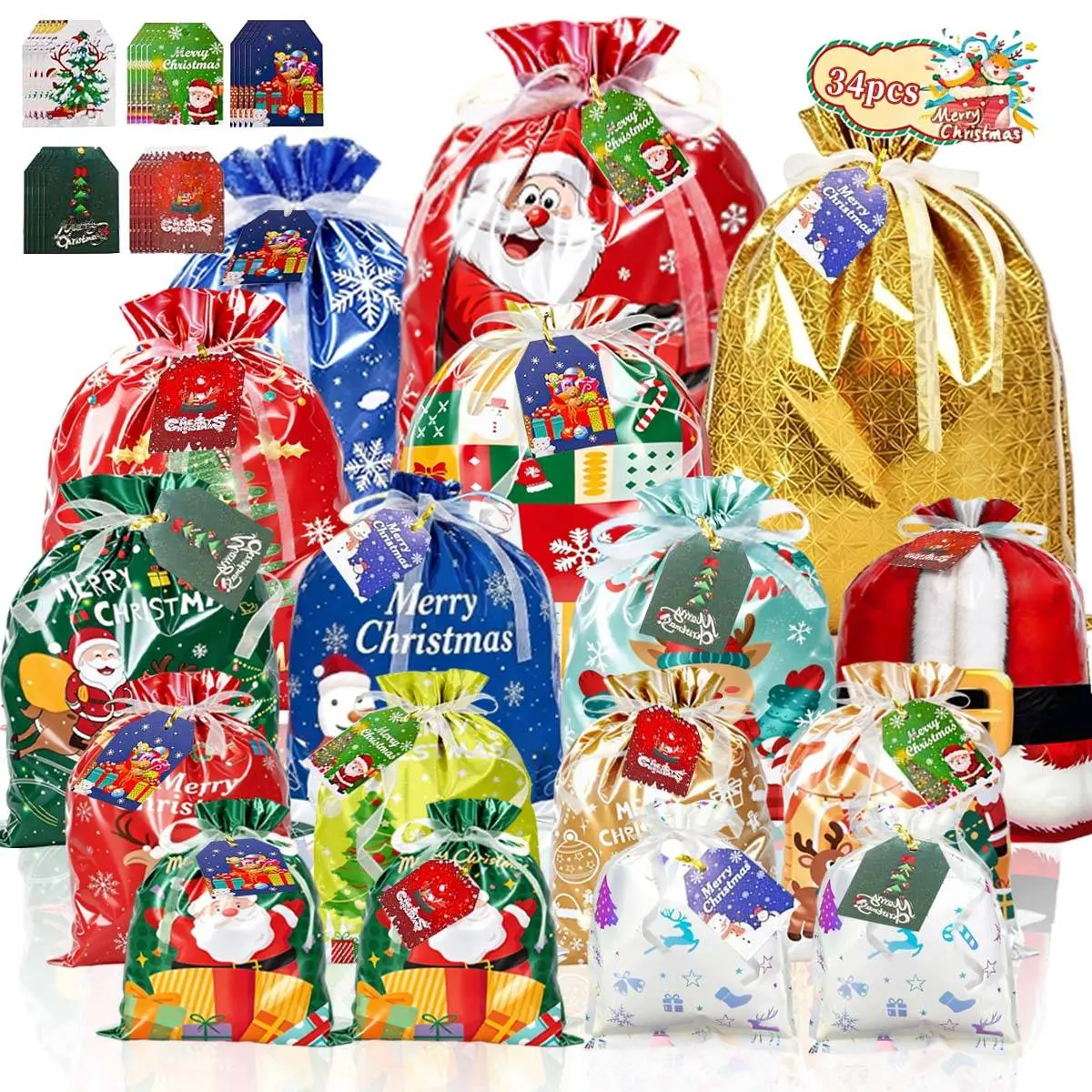 Christmas packaging Gift Bags with Tags, Assorted Sizes, Christmas Foil Gift Wrapping Sacks Pouches for Presents Party Favor, Holiday Drawstring Birthday Gift Bags, Reusable Bags night light bag Wearable Helmet Voice Control Blue Filter Gaming Glasses