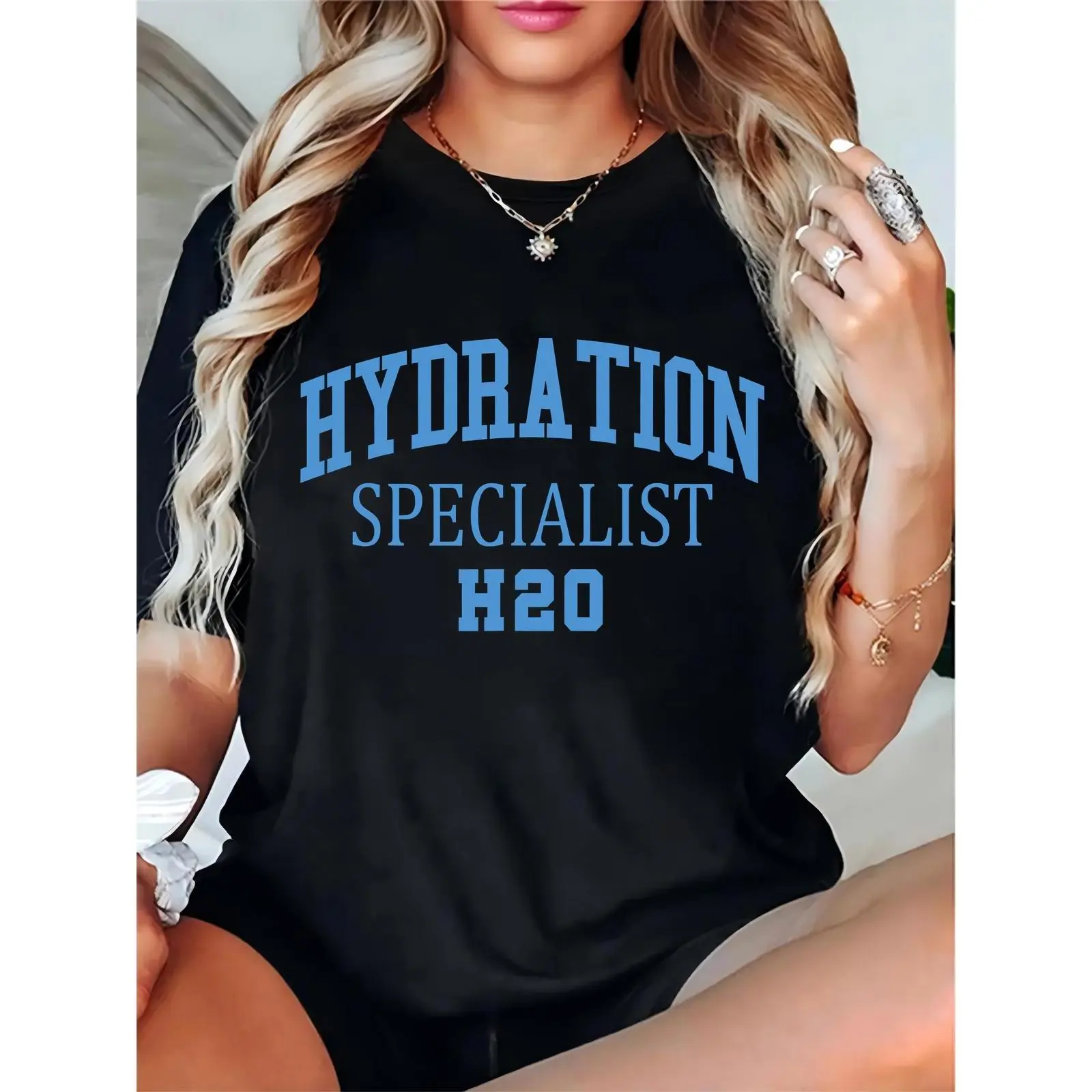 Women's Regular Fit Basic Short-Sleeve H2O Graphic Hydration Specialist T-Shirt - Casual Crew Neck Tops, Comfortable Elegant Essential Clothes for Daily Wear & Gym, Black, Prints, Fit Complementing Skirts