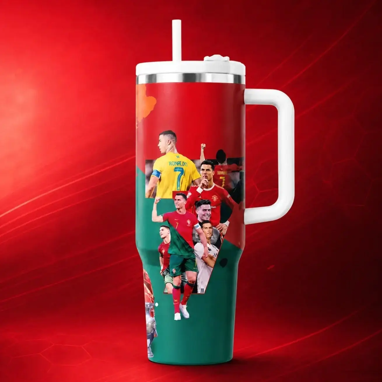 40oz (1200ml) Modern Printed Steel Vacuum Flask Tumbler, Insulated Portable Travel Mug with Handle, Straw & Leak-Proof Lid, Double-Wall, 12h Hot & 24h Cold Retention, Large Capacity Sports Cup for Football Fans, Flasks, Stainless Steel