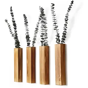 Wooden Wall Planter Set of 4 - Modern Home Decor for Living Room, Bedroom, Bathroom - Brown Finish Planter for Dried Flowers, Faux Greenery, Indoor Plants