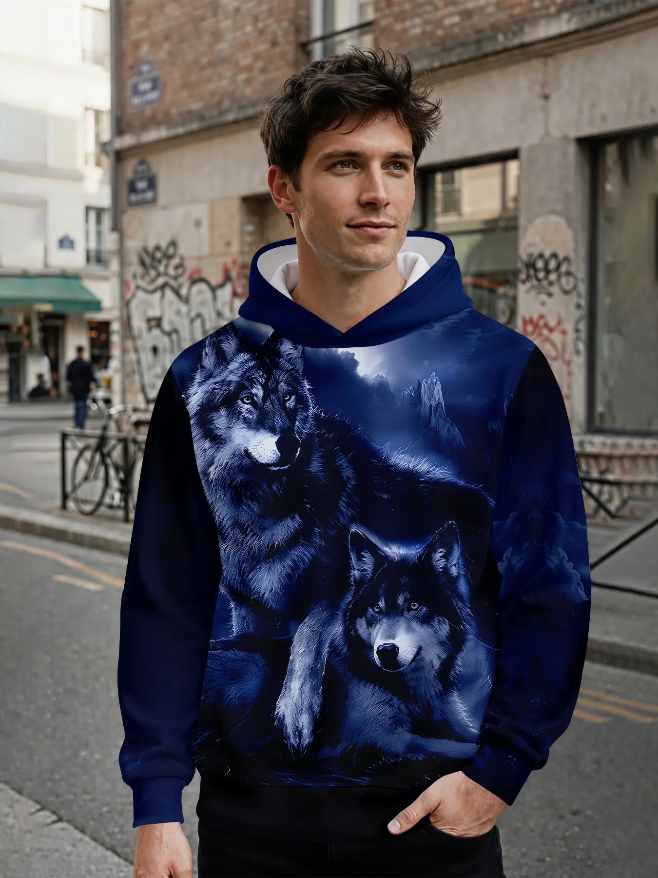 Men's 3D digital printed hoodie with a realistic two-wolf moonlight print in cool tones. Featuring an all-over pattern, it stands out for daily outings and music festivals, and makes an ideal holiday gift for men.