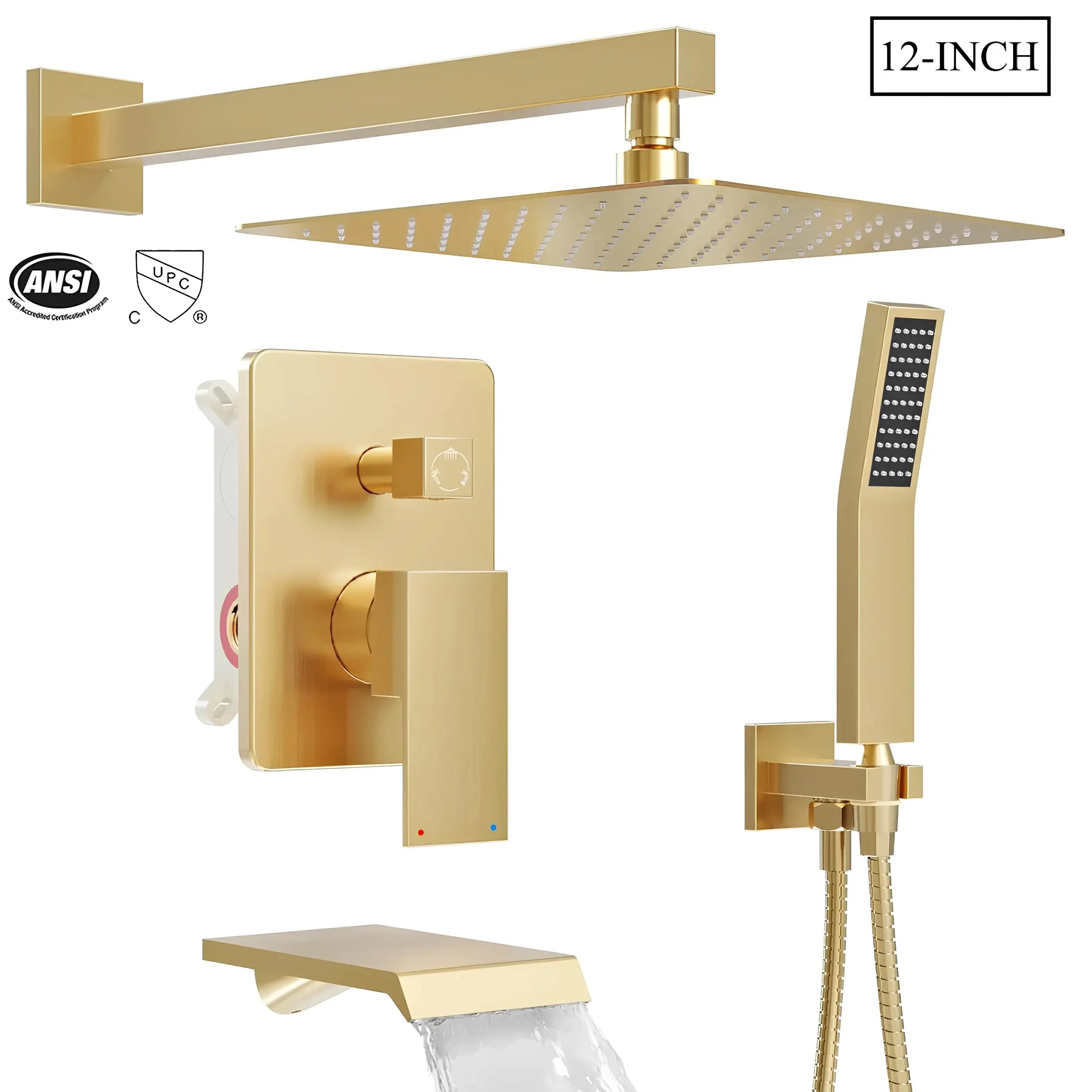 Shower System with Tub Spout, 12-Inch High-Pressure Rain Showerhead and Handheld Combo, Brushed Gold Shower Faucet Set with Rough-in Valve and Trim, Wall Mounted 3-Way Shower Set