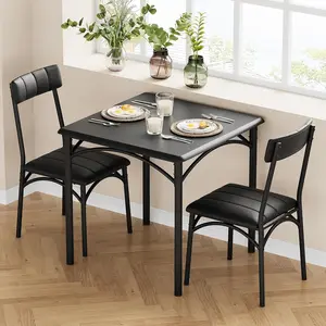 【GARVEE】Compact Dining Set for Two: Square Table with 2 Padded Chairs, Ideal for Small Spaces and Apartments, Featuring a Deep Black Finish, 3-Piece Kitchen Furniture