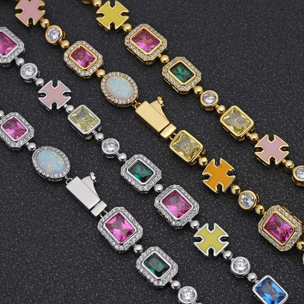 Hip hop colored gemstone women's necklace jewelry high-end zircon men's bracelet Rhinestone gift 18-28 inch wear gift daily diamond simulants