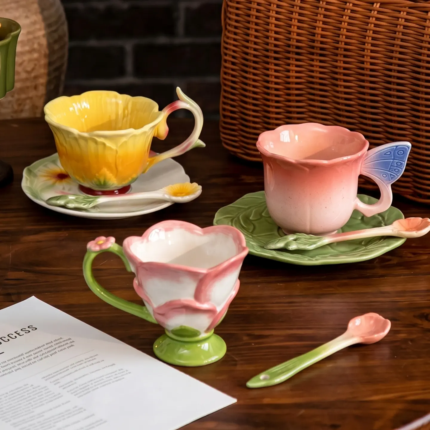HongDian Pastel Floral Cup Saucer Series,Optional Embossed Coffee Tea Cup,Hand Painted Craft,Relief Flower Handle,Premium Porcelain,Pink Yellow ,SGS Tested Underglaze Fade Resistant,Microwave Dishwasher Oven Sterilizer Safe,Afternoon Tea