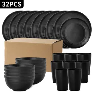 16/32 Piece Plastic Cutlery Set, Durable, Dishwasher Safe, Reusable, Lightweight, Includes Dinner Plate, Salad Bowl, Cup, Ideal for Camping & Picnics