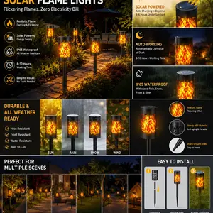 6-Pack Solar Hollow LED Flame Ground Lights, Flickering Flame Landscape Lamps, Outdoor Camping Decor Flashlights, Garden Torch Lights Perfect for Garden, Lawn, Pathway, Gatherings, Camping and Festival Decoration