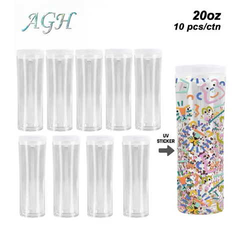 AGH US 10pcs 20 OZ Snow Globe double wall plastic tumbler With Pre Drilled Hole And Plugs and flip straw lids for glitter DIY,  Reusable Drinkware Portable Cup