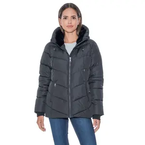 Women's Puffer Jacket with Cozy Faux Fur - S.E.B. By Sebby Black X-Large