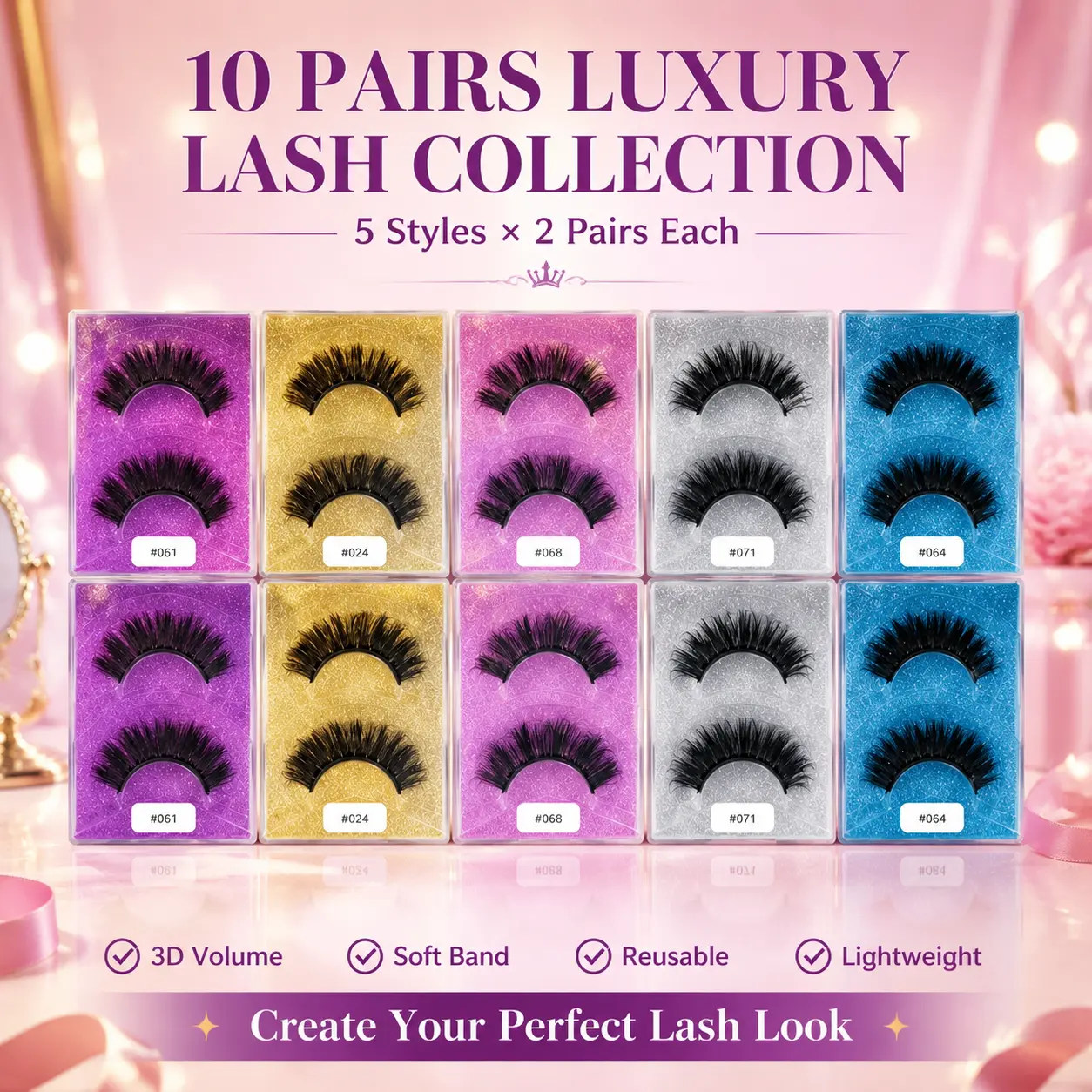 10 Pairs False Eyelashes Kit, 5 Styles Luxury 3D Volume Wispy Lashes, Reusable Soft Natural Fake Lashes for Women Makeup
