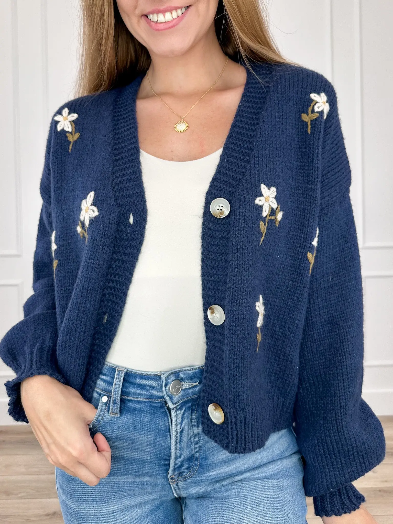 Women's Cute Oversized Polyester Fabric Knit Long-Sleeve Blue Avery Mae Button-Up Mom Cropped Cardigan