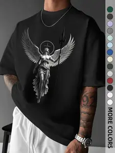 Men's Dark Mythology Short Sleeve T-Shirt, Angel Warrior Print Gothic Trendy Streetwear Style, Casual Fitted Long Top Without Collar