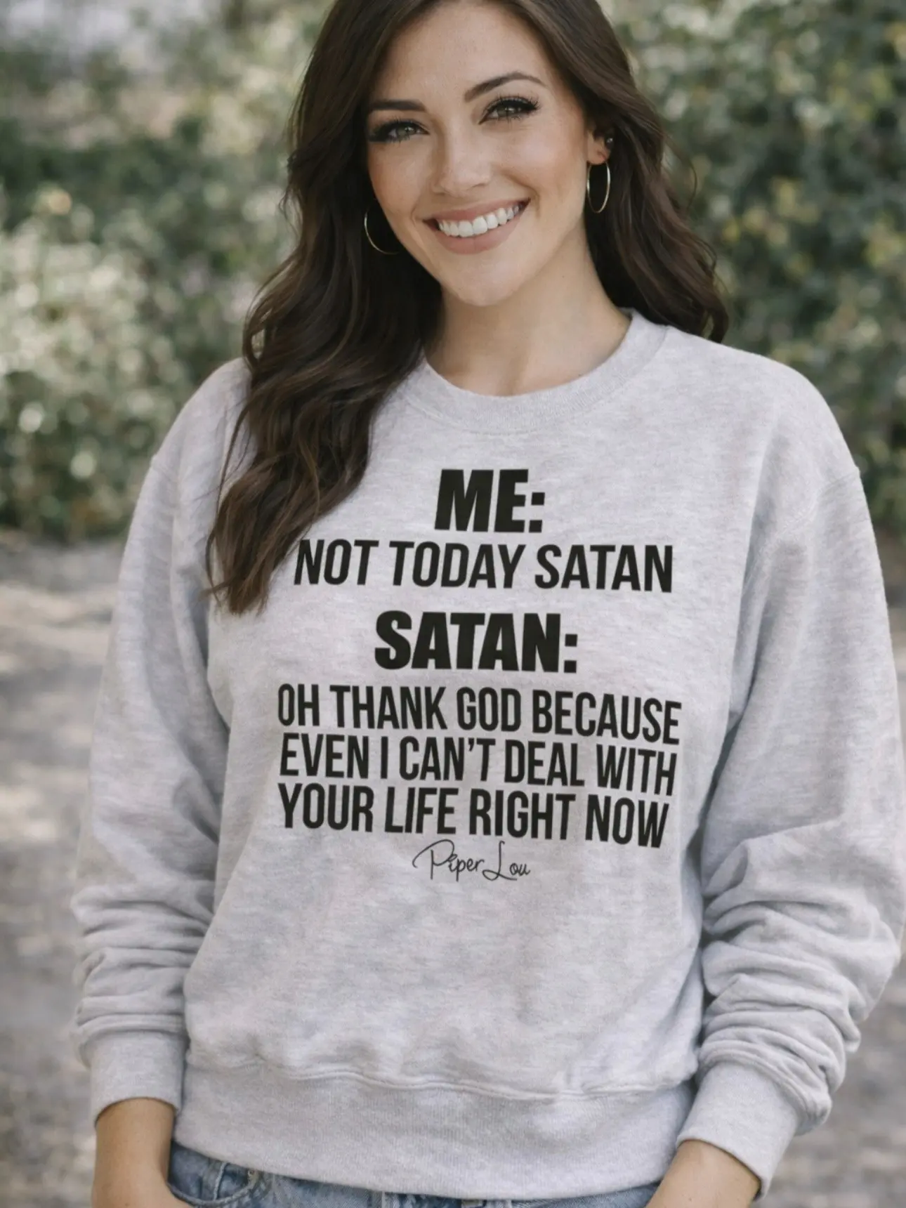 Women's 'Satan Oh Thank God' Graphic Sweatshirt, Classic Fit Lady Sweater Top with Round Neck in Soft Cotton-Polyester Blend with Spandex, Pre-Shrunk
