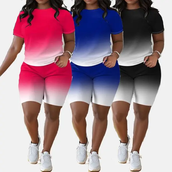Women's Plus Size 2-Piece Comfortable Casual Polyester Gradient All-Over Print Short-Sleeve Crew Neck Top & Shorts Set, Knit Fabric, Regular Fit, No Belt, Simple Style Clothes for Spring & Summer Everyday Sports, T-Shirts