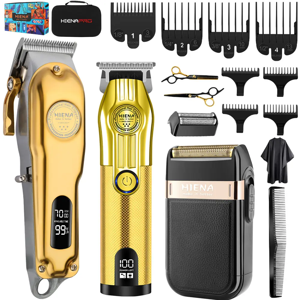 Men's professional hair clipper set. The hair clippers have a high-quality all-metal body, and the detail trimmer has adjustable speed. LED display, smooth trimming, multifunctional, suitable for hair and beard. A premium gift for boyfriends/husbands.