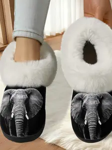 Elephant Print Backless Cotton Slippers Boots Fashion Fluzzy Flurry 2025 2026 New Fall & Winter Home Indoor Outdoor Shoes, Casual Cartoon Pattern Textile Upper