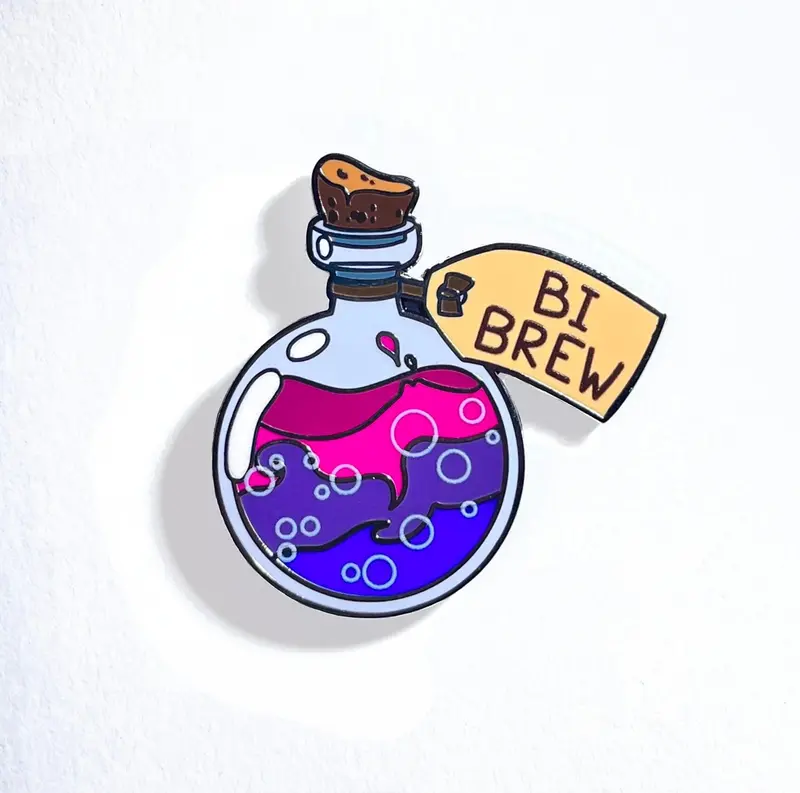 Bi Brew Pride Potion Pin - 1.5 Inch Enamel Pin with Custom Backing Card & Black Rubber Backing - LGBTQ Pride Alchemy Design