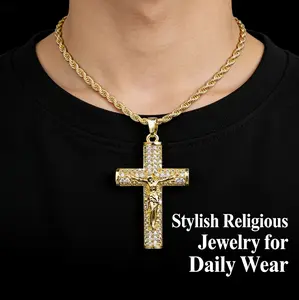 LANDEN 14k Real Gold-Plated Cuban , Figaro, Miami Cross with Jesus Christ Crucifix,24 inches Long and 6mm Wide,Handcrafted Polishing and Multiple Electroplating Daily Wear Necklace
