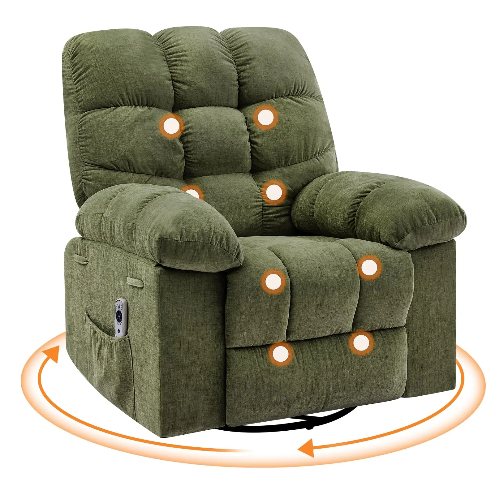 Rocking Recliner Chair,Massage Rocker Recliner Chair with Vibration Massage and Heat,360°Swivel Recliner Chairs,Oversized Rocker Recliner Single Sofa with Side Pocket,Living Room,Bedroom,Nursery,Green Durability Soothing