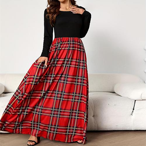 Women's Elegant Red and Black Plaid Maxi Dress - Fashionable Long Sleeve A-Line Dress - Round Neck Polyester Comfortable Fit for All Seasons - Long Sleeve Dress Casual Fabric summer outfits mom sundresses camel royal outfit Womenswear Knitted