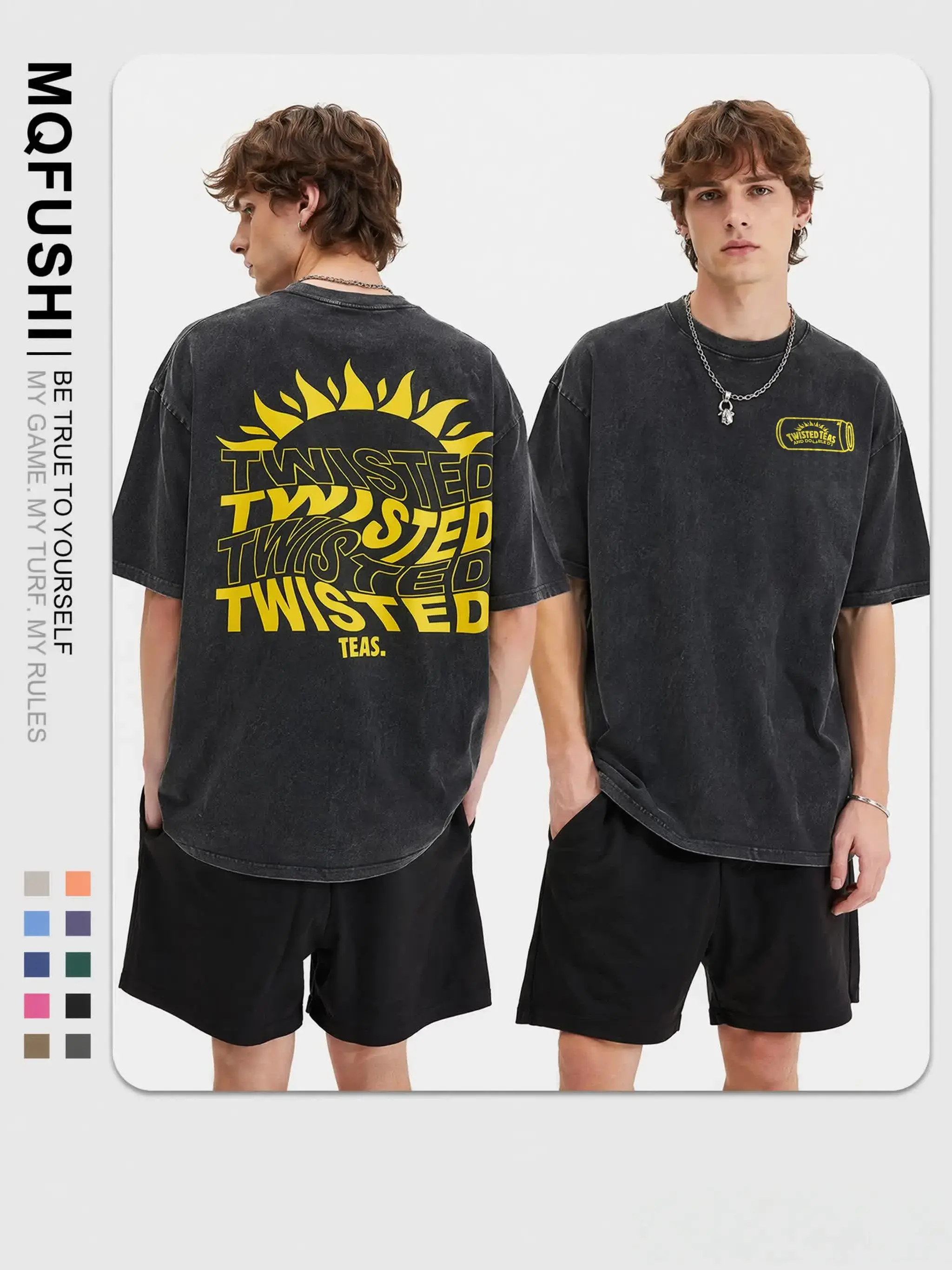 Vintage-Inspired Twisted Tea Cotton Short-Sleeve Tshirt - ,Double-Sided Print, Drop Shoulder Sleeves, 220g Thick High-Quality Fabric, Round Neck, Casual Streetwear Top