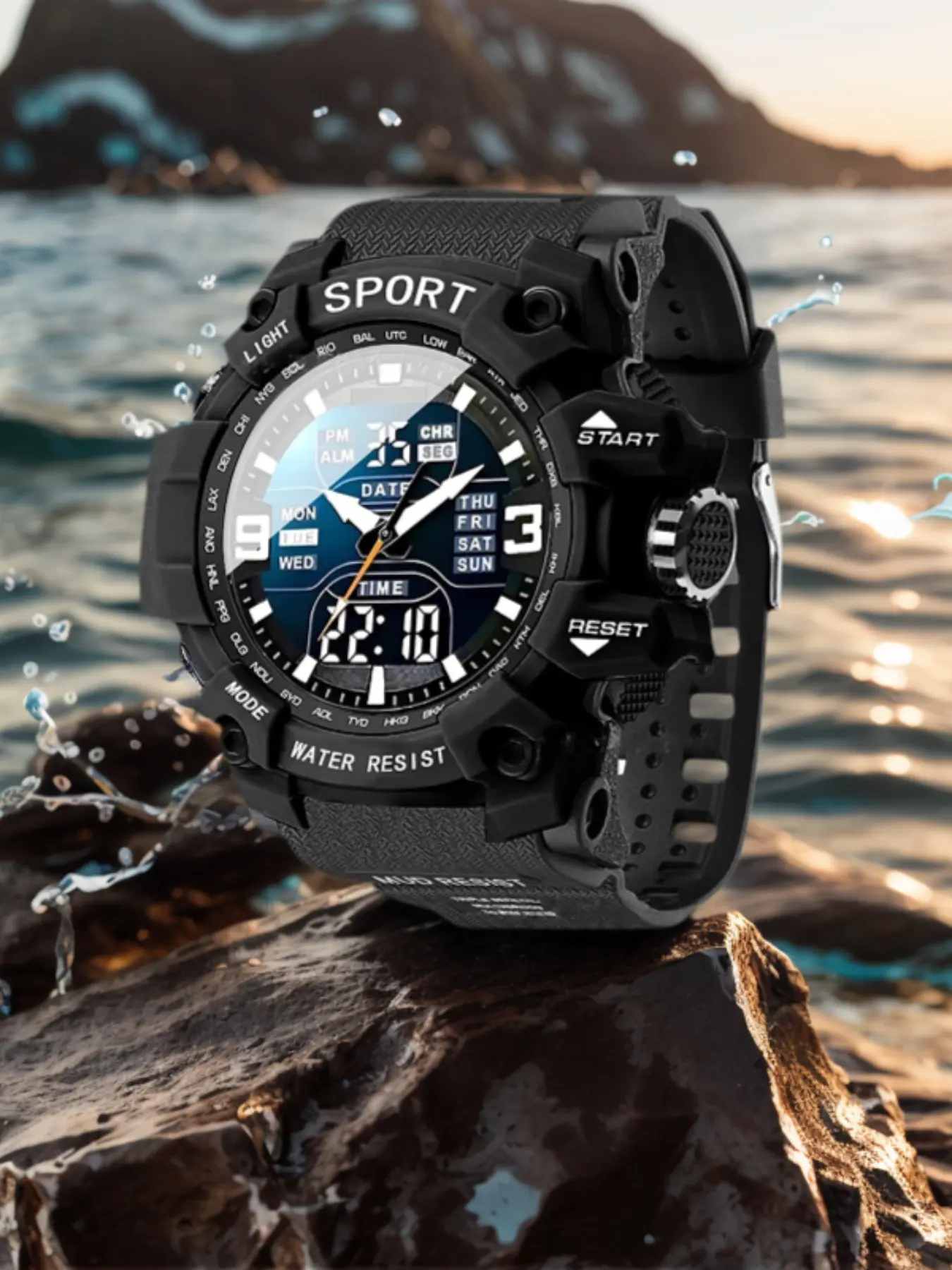 New Fashion Men's Outdoor Waterproof Watch, Waterproof Wristwatch, Trendy Multifunctional Watch, LED Display Digital Countdown Alarm Clock, Student Sports Dual Display Watch
