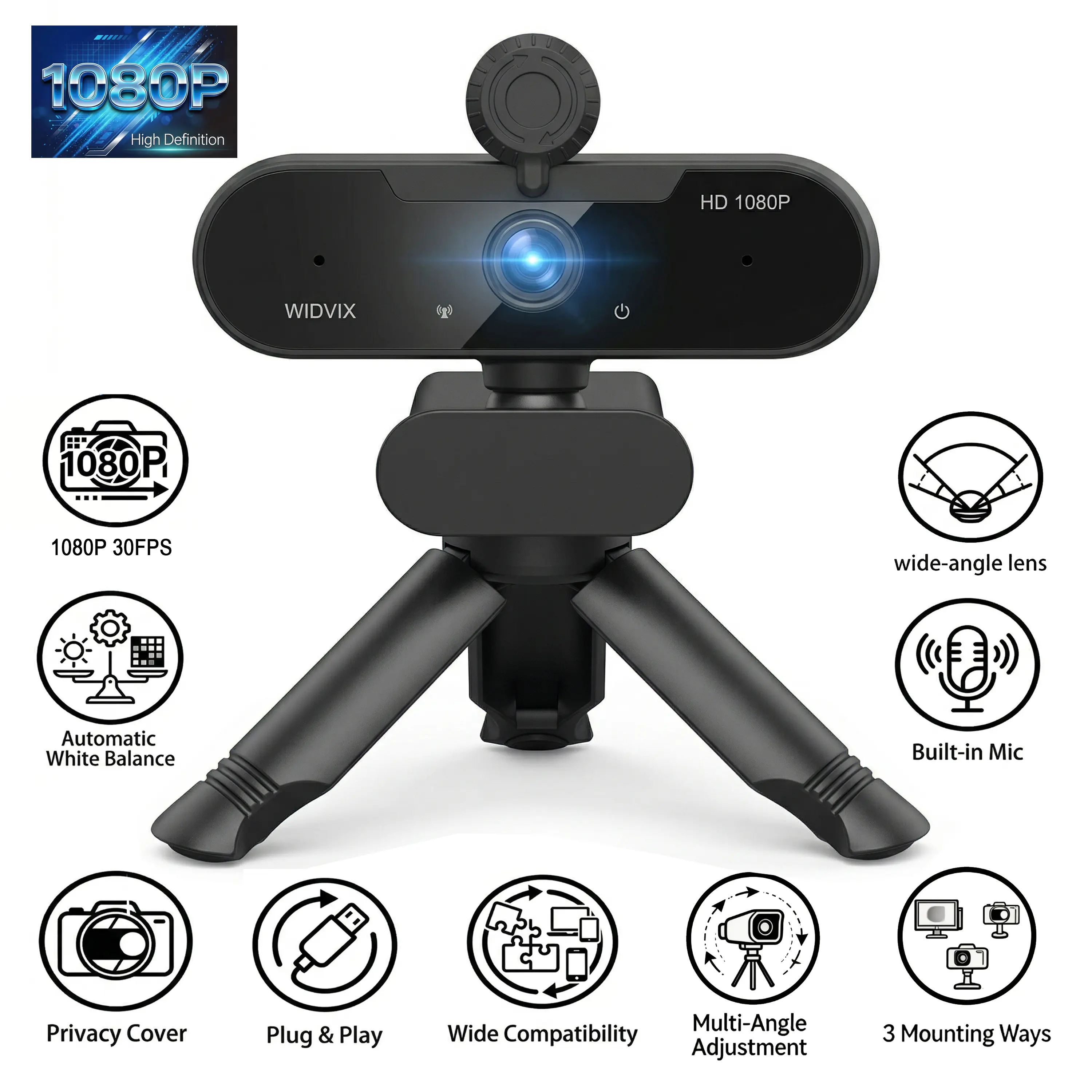 WIDVIX 1080P 30fps Digital Camera USB Wired Webcam for PC - 110° Wide-Angle Lens, Built-in Noise Reduction, Auto Low-Light Correction, Privacy Shutter, Tripod Base, Plug & Play, Ideal for Zoom Meetings, Streaming,summerwins summerwins