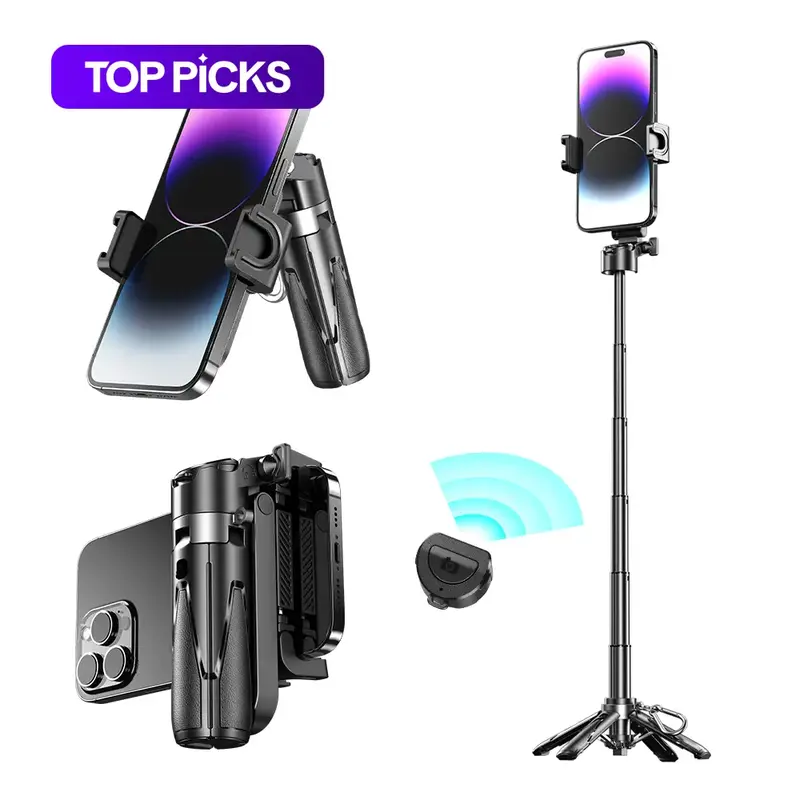 Selfie Stick Tripod, Extendable Grip Phone Tripod with Detachable Remote, 3-in-1 Mini Phone Grip, Vlog Livestreaming Photography Tool, Selfie Stand
