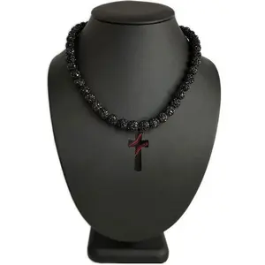 Iced Disco Ball Crystal Bead Baseball Necklace Black Night w/ Cross Baseball Stitch Pendant