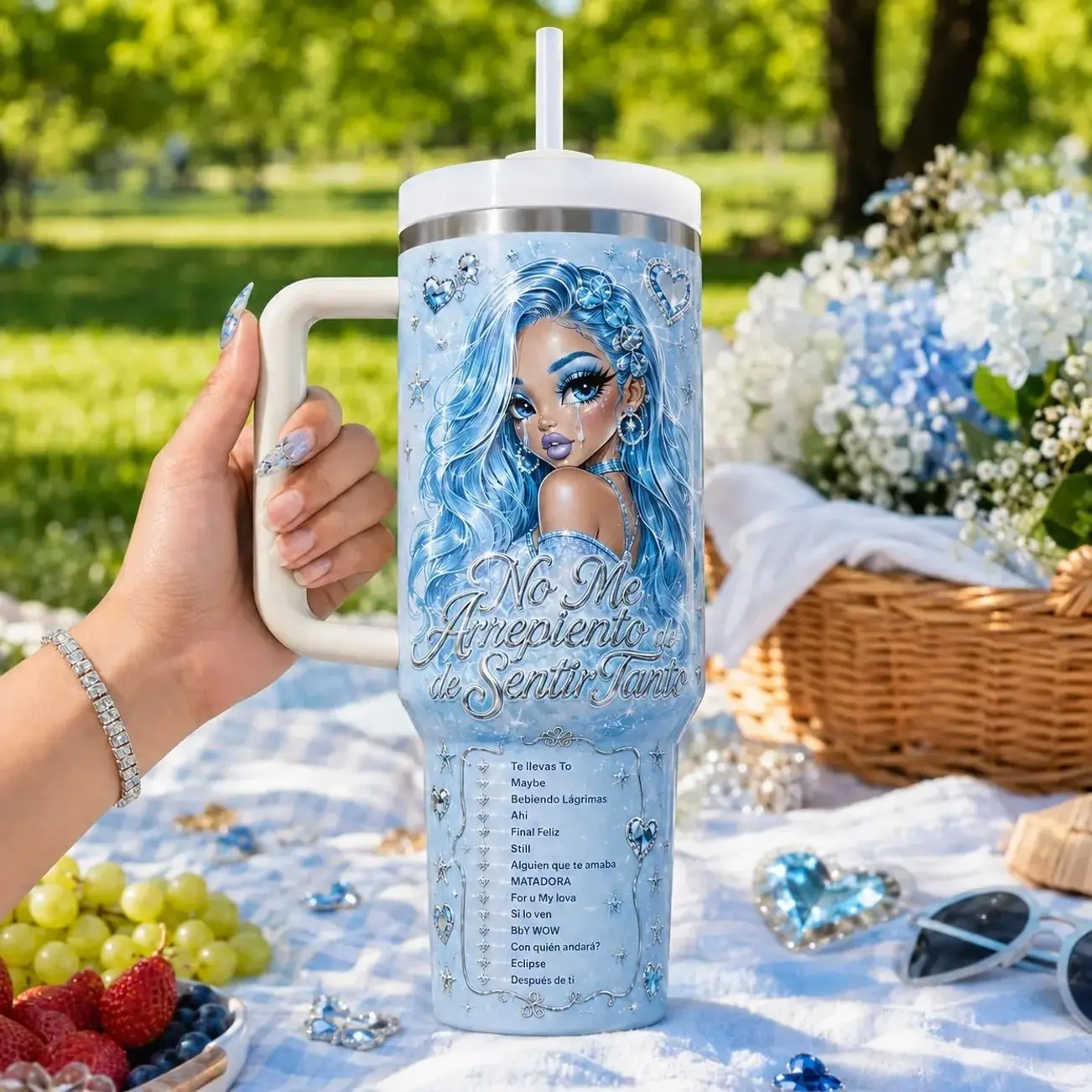 La Bichota No Me Arrepiento de Sentir Tanto Album Release 2026 40oz Stainless Steel Tumbler with Handle and Straw, Bichotas Fandom Reggaeton Insulated Travel Mug, Latin Pop Music Cup, Concert Style Gift for Women and Men