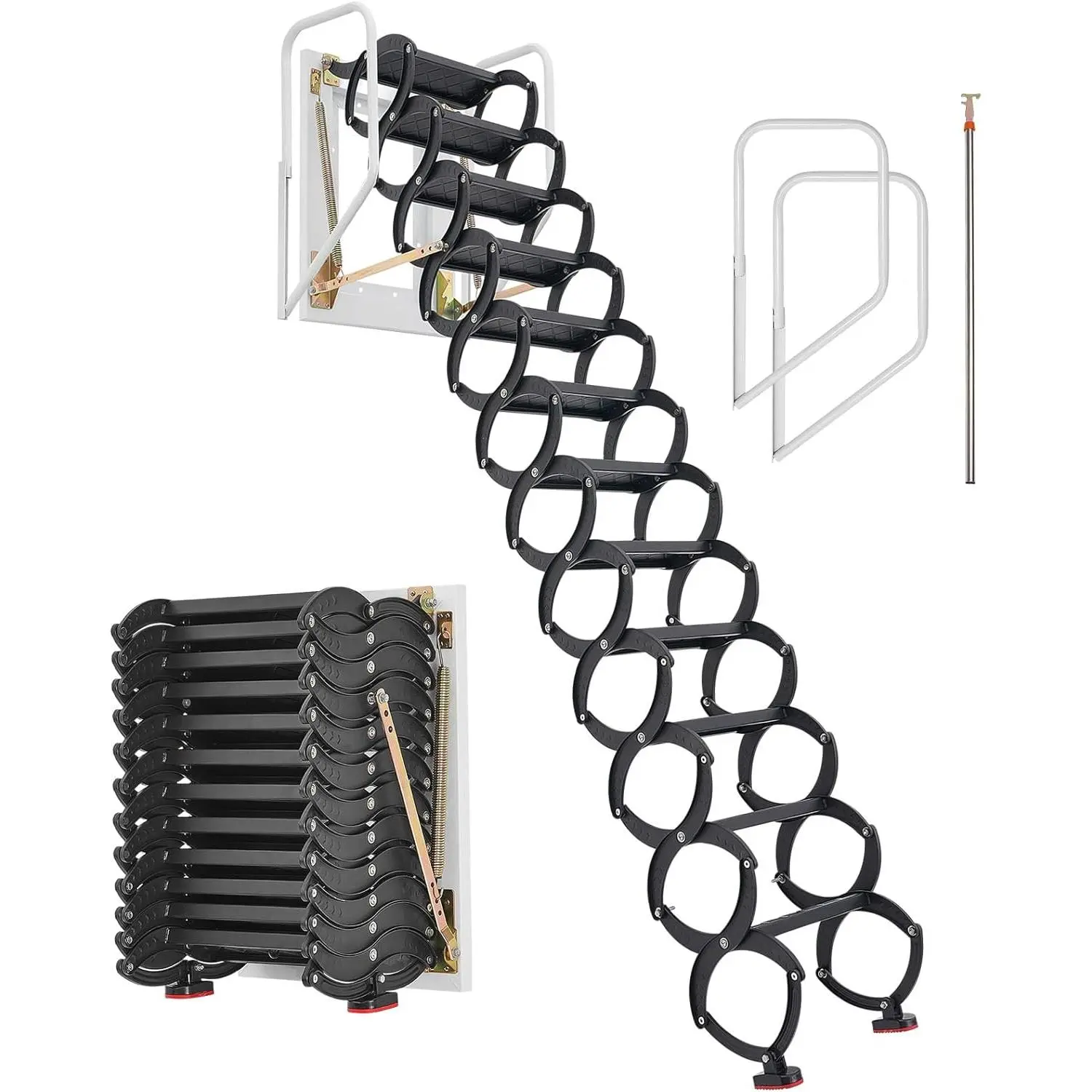 VEVOR Attic Ladder Wall-Mounted, 660LBS/299.4KG Capacity, Fits 9.5 to 10 ft Ceiling Height, 12-Step Steel Folding Stairs with Handrails, Pull Down Attic Ladders for Attics, Garages, Roofs, Basements