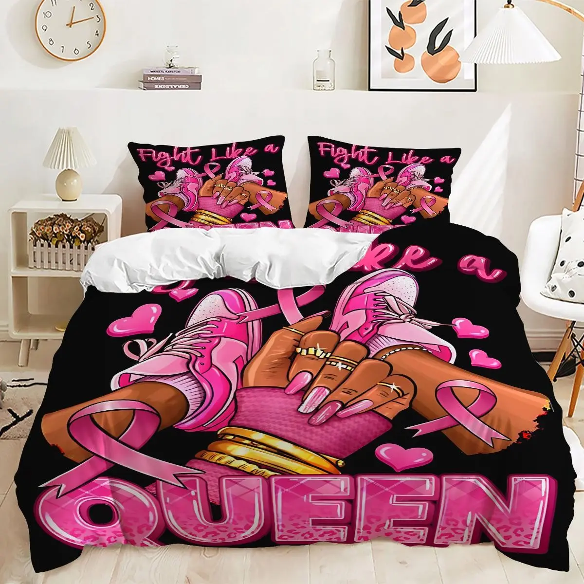 Fight Like Queen Pink Ribbon 2/3pcs Duvet Cover Set, Black Gold Scheme Bedding Set, Comfy Bedding Set, Soft Bedding Sets, Includes 1 or 2 Pillowcases-Fillers Not Included, Zipper Closure