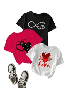 Women's Heart Print Short Sleeve Round Neck T-Shirt, Casual Summer & Spring Top, Essential Daily Wear, Comfortable and Stylish