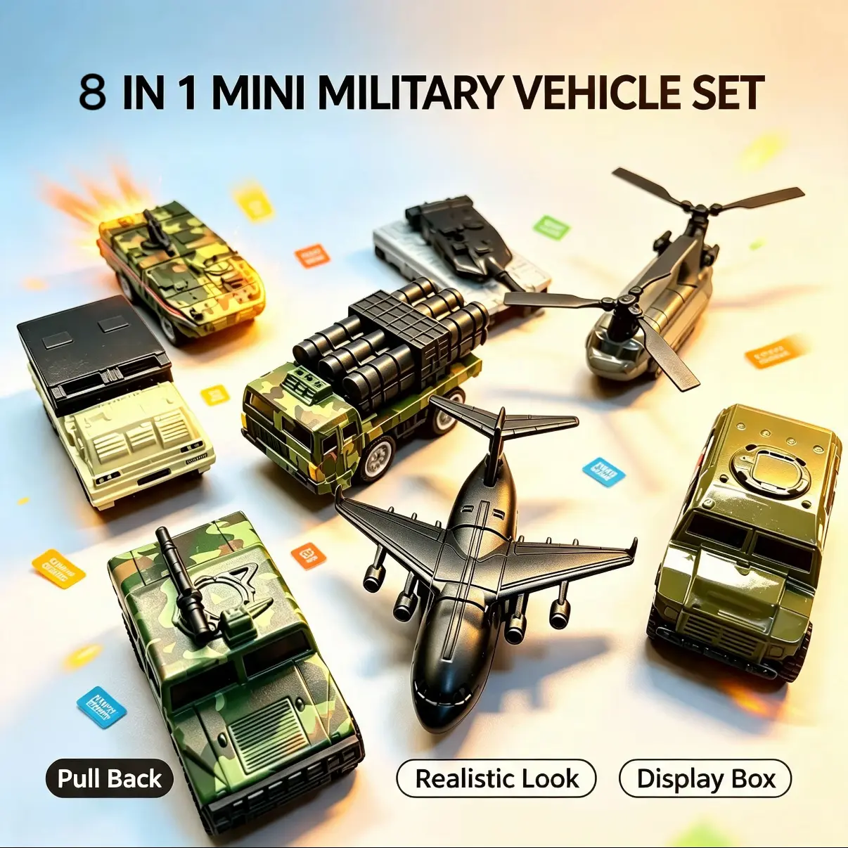 8-Pack ABS Plastic Mini Military Vehicle Toy Set, Friction Drive Pull-Back Army Cars with Tank, Helicopter, Transport Plane, Armored Truck, Individual Display Case for Boys' Birthday Gift Model Car