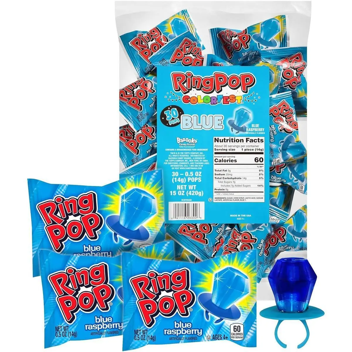 Ring Pop All Blue Raspberry Flavor Sweet Lollipop Candies, 30ct Party Snacks