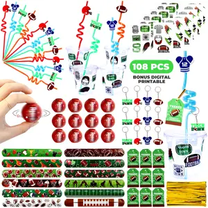 Football Party Favors 108 PCS Spinner, Bracelet, Keychain, Stickers, Straws, Thank You Card, Cup for Kids Birthday Supply (12 serve) Set Gifts