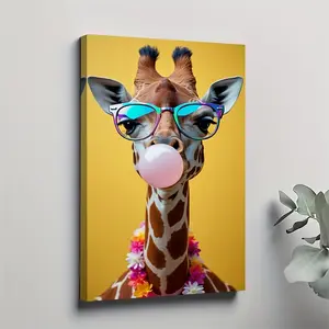 1 Piece Fun Giraffe Canvas Wall Painting - Modern Lively Animal Artwork, 12x18inch Solid Pine Wood Frame, Multi-Purpose Home Decor for Living Room, Office, Bar, etc., Natural Wooden Frame