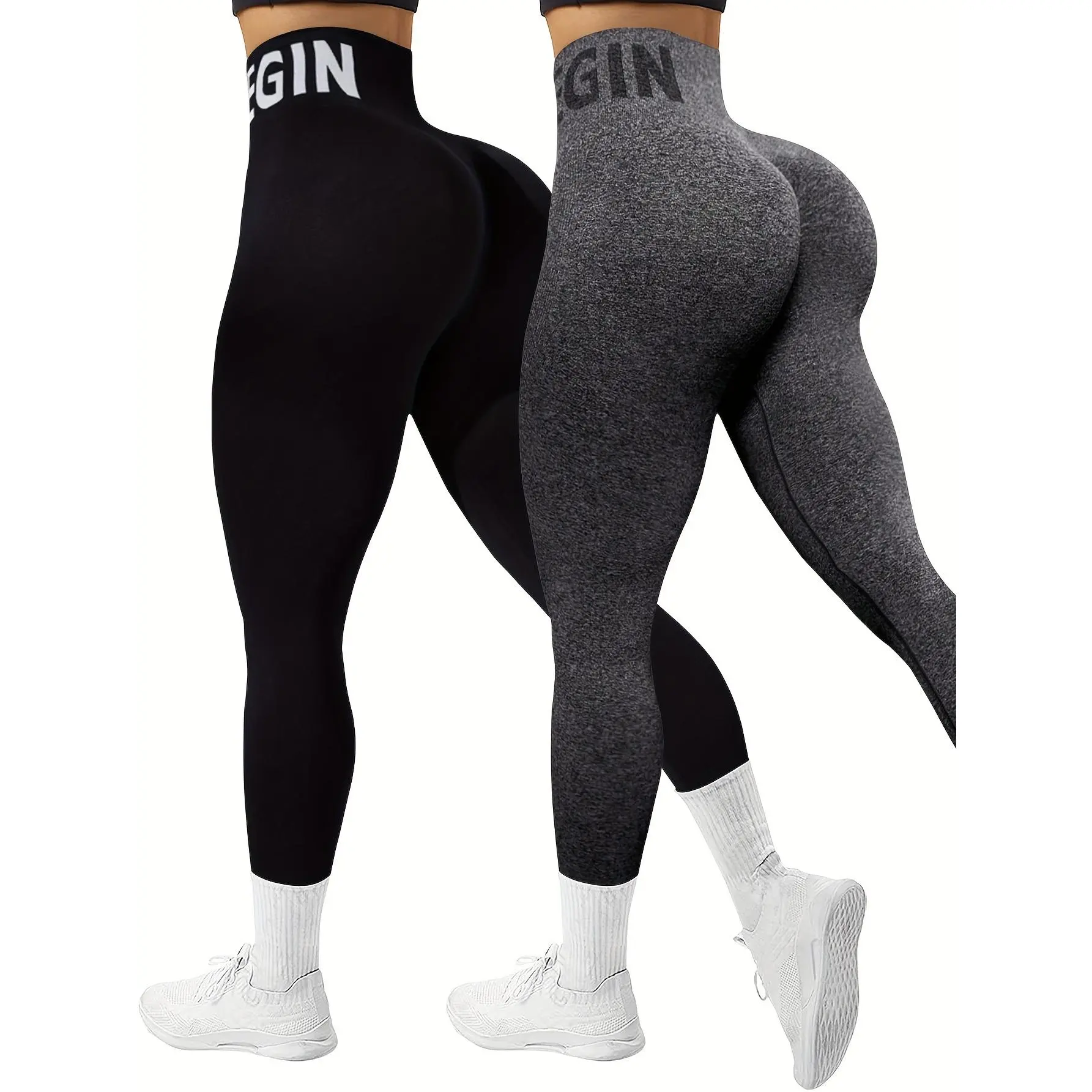 New2 Pack Seamless High Waist Sports Leggings, Knit High Stretch Letter Print Yoga