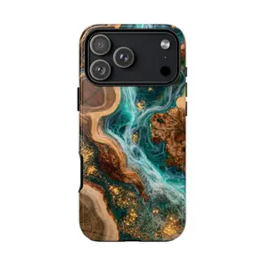 Teal Liquid Resin Faux Wood Phone Case: iPhone 17 17e 16 15 14 13 12 Pro Max Air | Galaxy S26 | MagSafe Wireless Charging