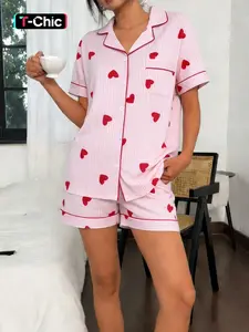 2-piece Valentine's Day women's foundation make-up all over striped red heart print pattern short sleeved shorts lapel design top small pocket button closure elastic waistband for four seasons home daily casual women's loungewear pajamas set Pjs Nightwear