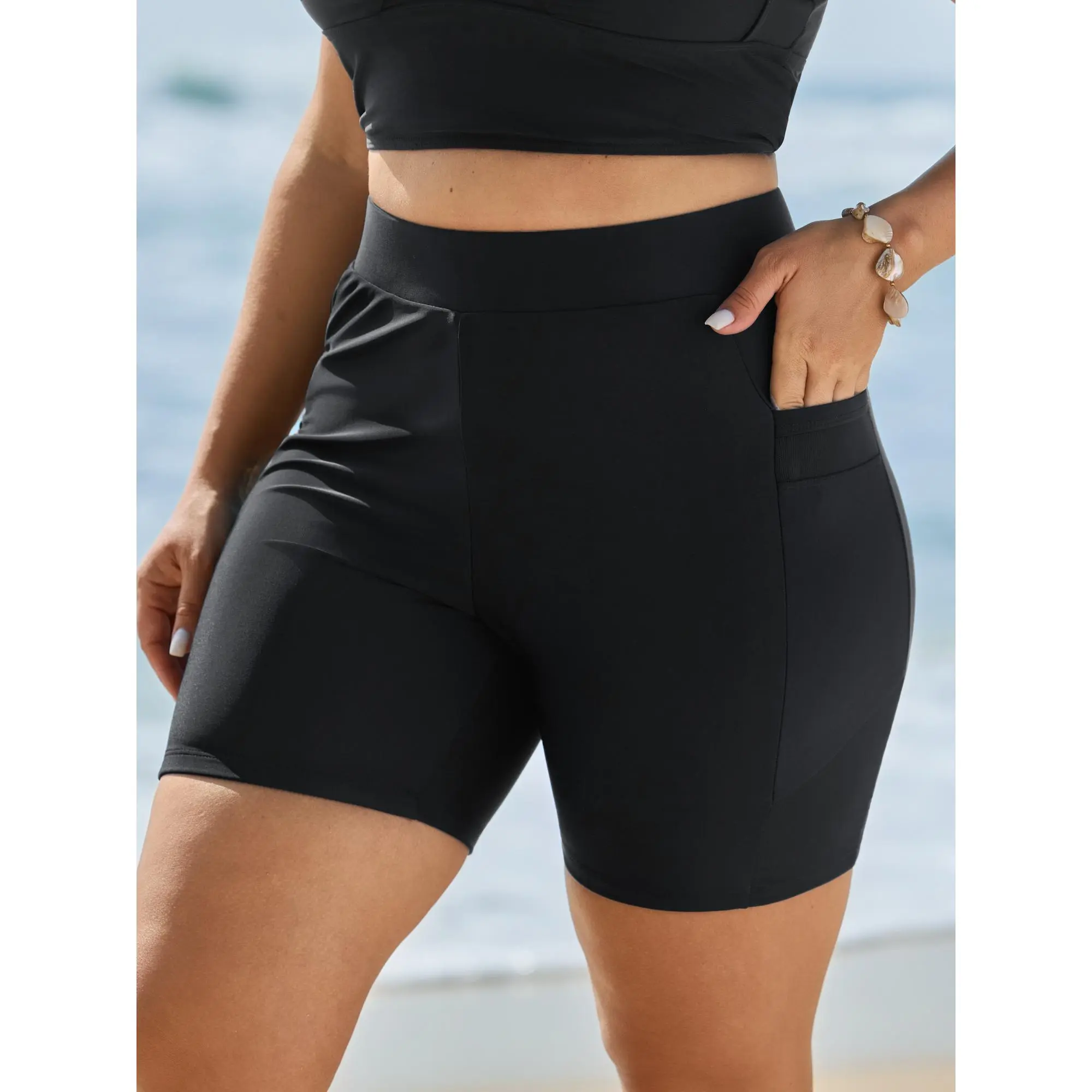 BloomChic Women's Plus Size High-Waisted Board Shorts - Tummy Control Sculpting Pull-On Bathing Shorts, Chlorine Resistant Swimwear Bottoms with Pockets for Summer, Beach Swim Shorts