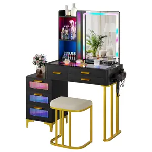 Miuvanity Set with 24-Color RGB Lights Wireless Charging HD Mirror 6-Drawer & Furniture Organizing Modern Glass Desktop Divided Drawer 3 LED Lighting