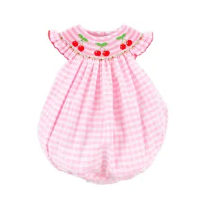 Cherry Smocked Pink Gingham Angel Sleeve Bubble - Summer Outfit for Baby & Toddler Girls