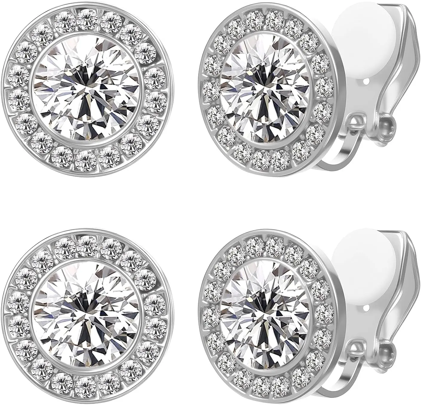 2 Pairs Clip on Dance Earrings Crystal Clip On Stud Halo Earrings Rhinestone Ear Clips Silver Round Earring Jewelry Gifts for Women Dance Stage Opera Performance Wedding Party Jewelry