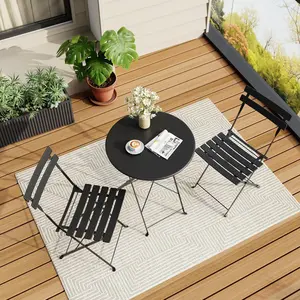 【Christmas Gift】3 Piece Folding Outdoor Furniture Set, Metal Frame Bistro Table and Chairs Set with 1 Table and 2 Chairs, Suitable for Small Spaces, Indoor, Balcony, Patio, Lawn, Deck and Bistro, Black