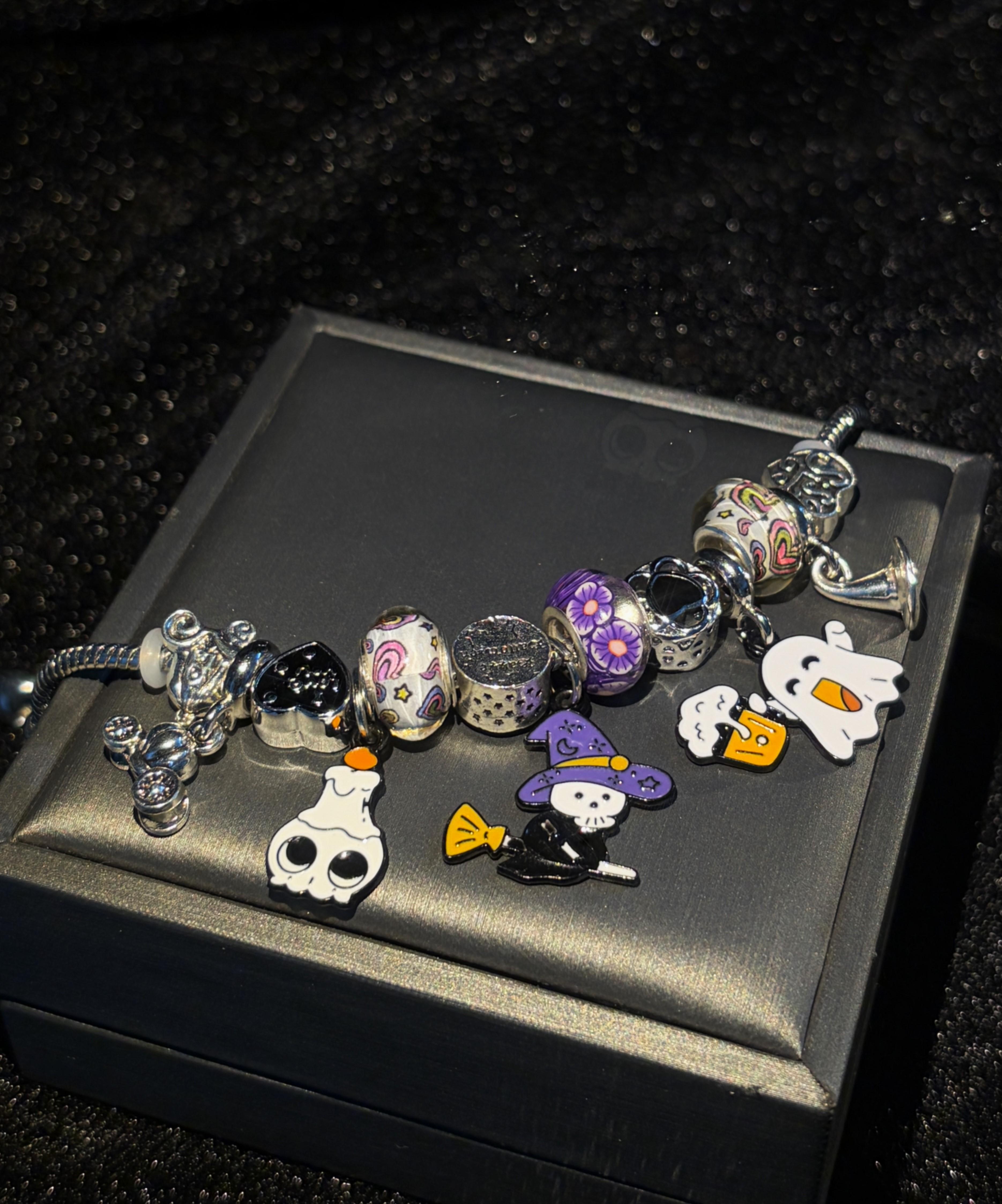Spooky Cute Halloween Charm Bracelet, Silver Tone Snake Chain Bracelet, Witch Broom Ghost Skull Candle Enamel Dangle Charms, Fun Colorful Large Hole Beads, Halloween Party Costume Jewelry Gift for Her Spooky Cute Halloween Charm Bracelet, Silver Tone Snake Chain Bracelet, Witch Broom Ghost Skull Candle Enamel Dangle Charms, Fun Colorful Large Hole Beads, Halloween Party Costume Jewelry Gift for Her
