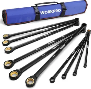 #JumpstartSale WORKPRO Extra Long Ratcheting Wrench Set, 10-Piece Anti-Slip Double Box Wrenches Set, Metric 8-19 mm, 72-Teeth, Cr-V Steel and Black Electrophoretic Coating Wrenches with Rolling Pouch
