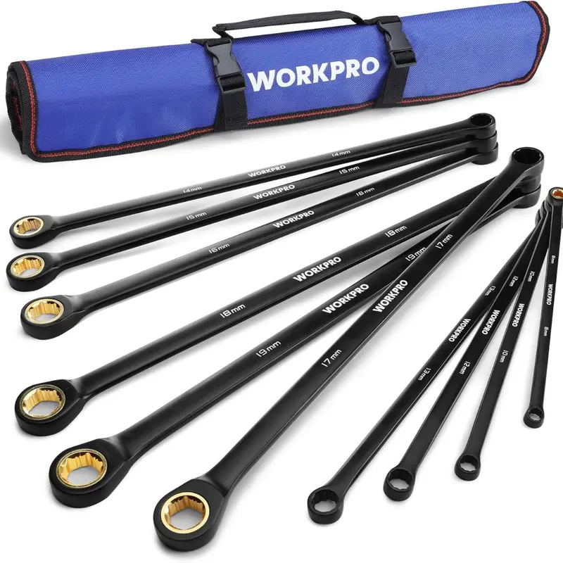 WORKPRO 10-Piece Extra Long Handle Ratchet Combination Wrenches Set, Metric 8-19mm Sizes, 72-Tooth Control, Cr-V Steel Strength for Durability, Anticorrosion Black Electrophoretic Coat, Anti-Slip Rounded Nut Grip, Rolling Pouch, Car Repair & DIY Tools